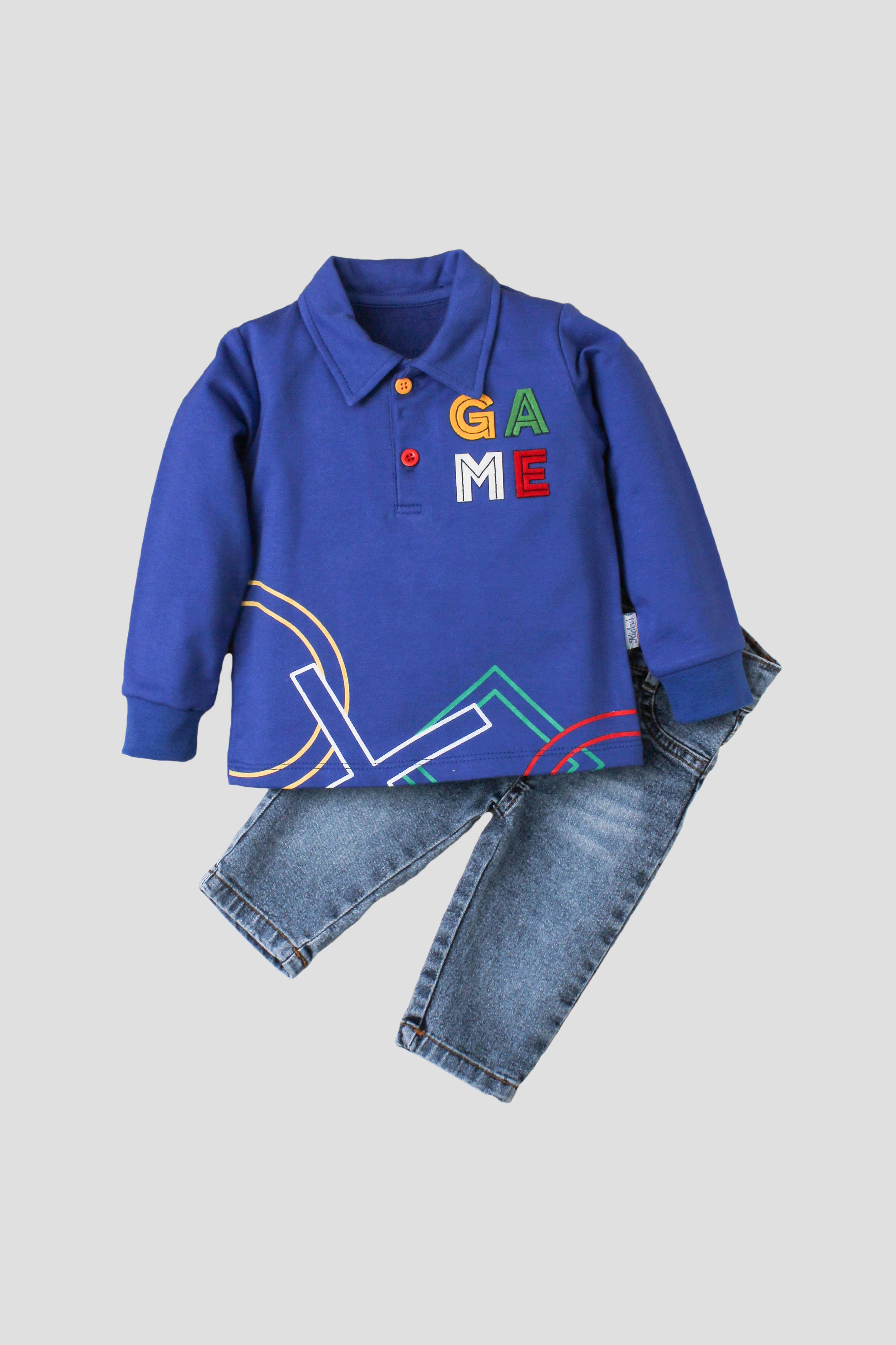 Erkek Bebek GAME Nakışlı Polo Yaka 2’li Takım Jean Pantolonlu 9-24 Ay